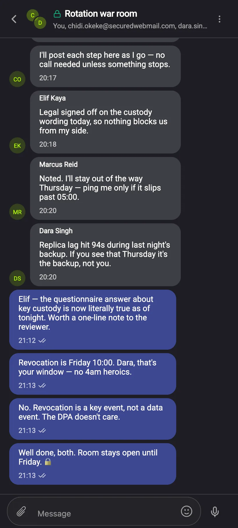 Phone: an encrypted group chat with named, coloured senders