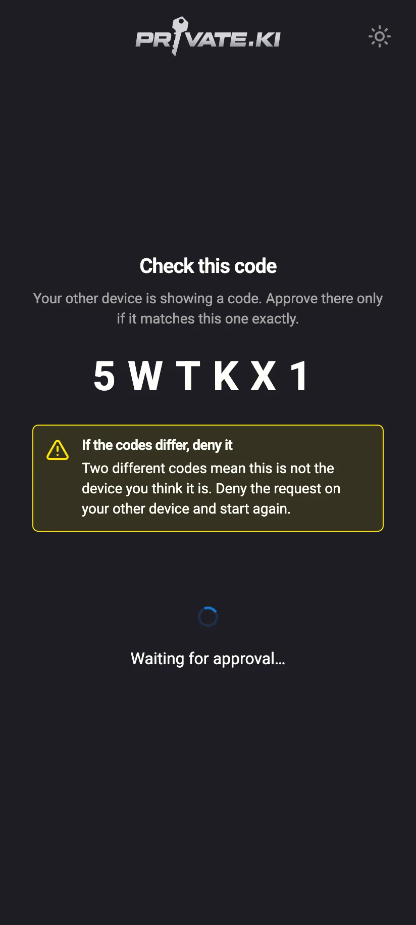 Phone showing the pairing code 5WTKX1 and waiting for approval