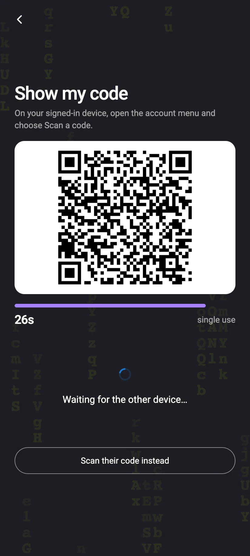Phone showing a single-use QR sign-in code with a 26-second countdown