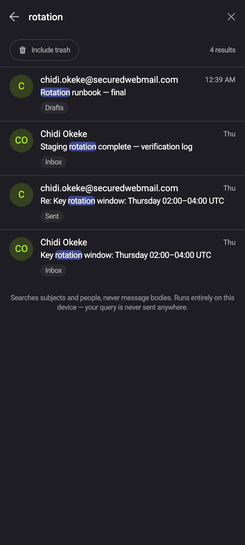 Phone search results across folders