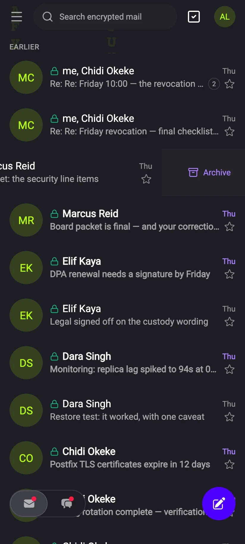 Phone inbox with a row swiped to reveal Archive