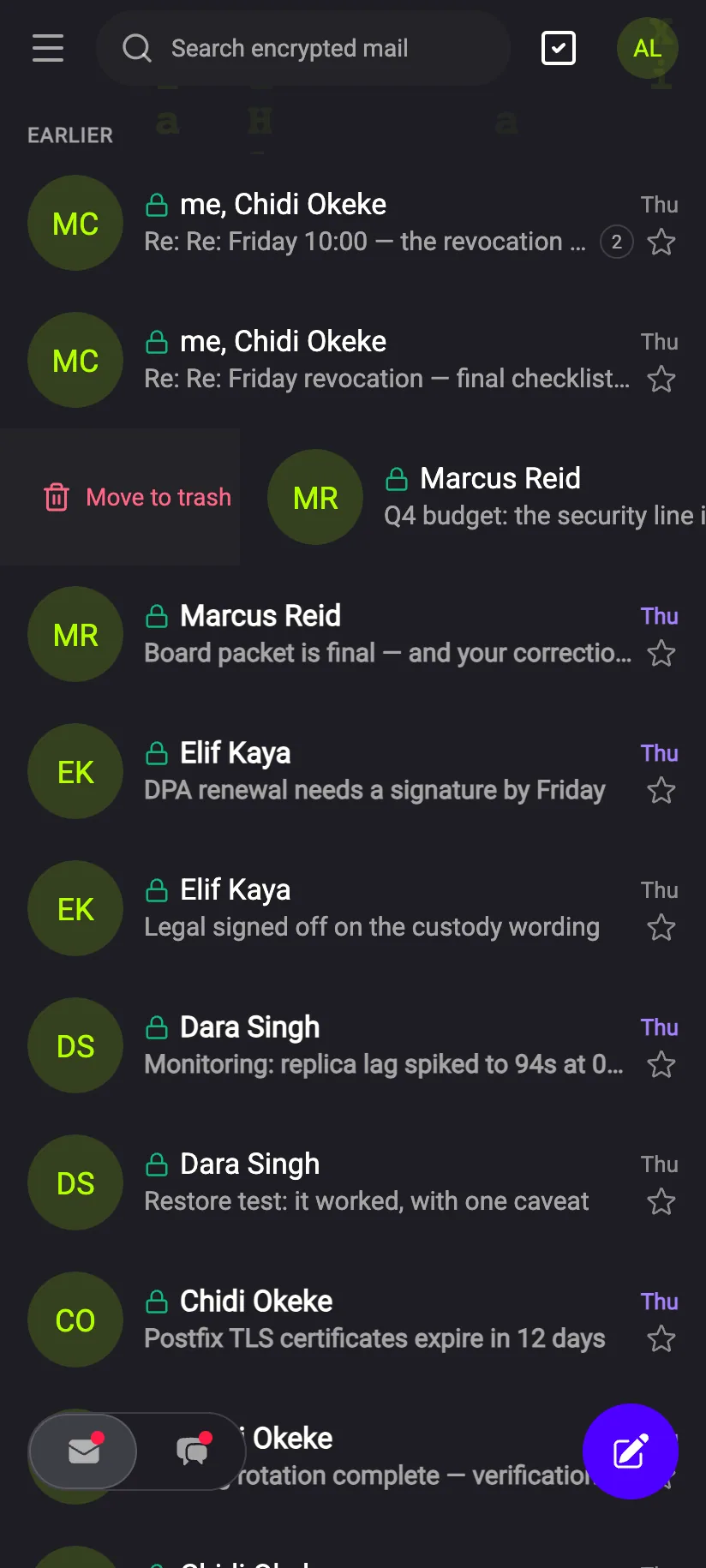 Phone inbox with a row swiped to reveal Trash
